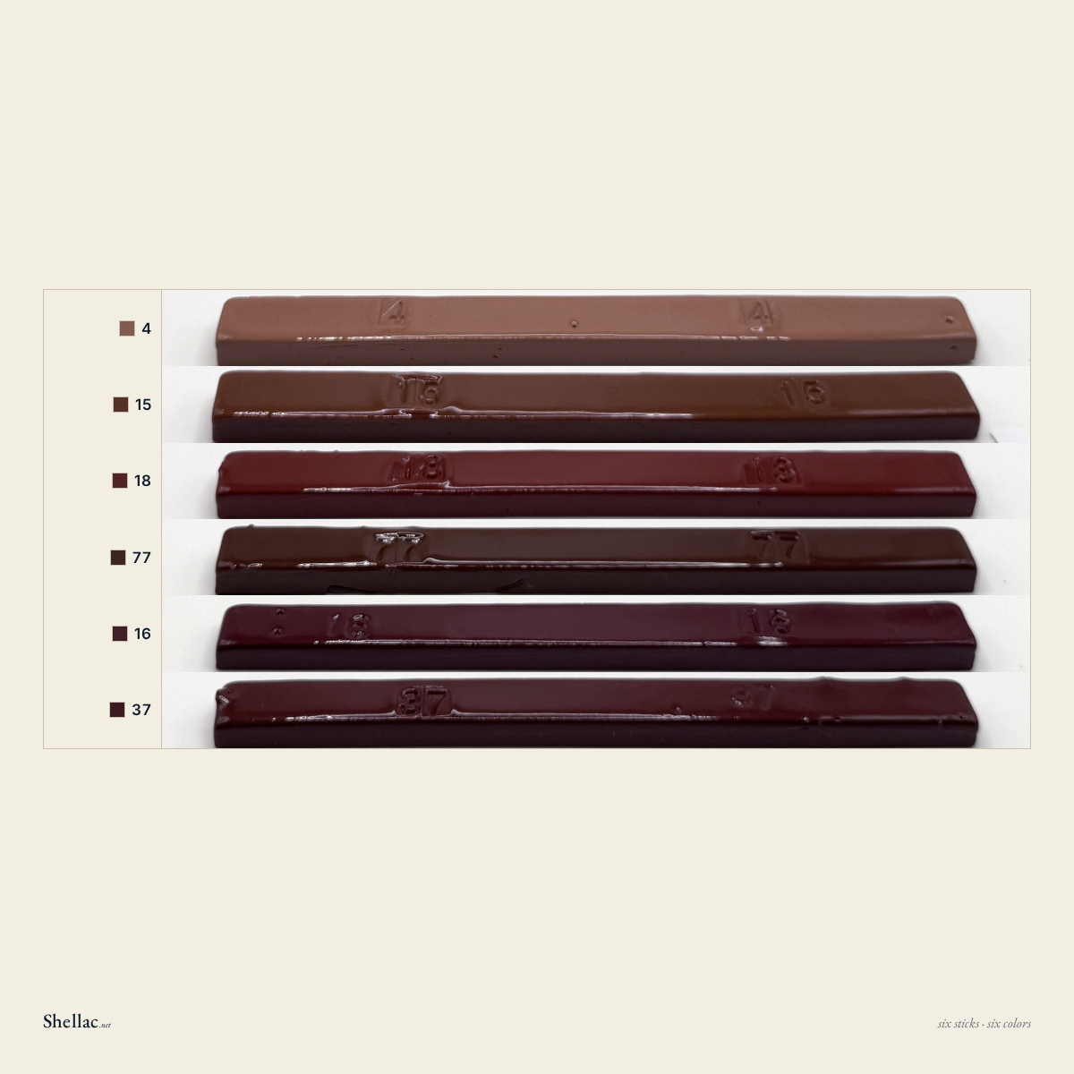 The Cherry & Reds Six color chart — six Merit burn-in stick colors, each labeled with its number, light mahogany-cedar through burgundy and red mahogany