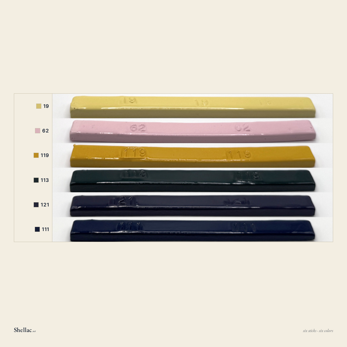 The Color Pop Six color chart — six Merit burn-in stick colors, each labeled with its number, light yellow, pink, yellow, dark green, purple, blue