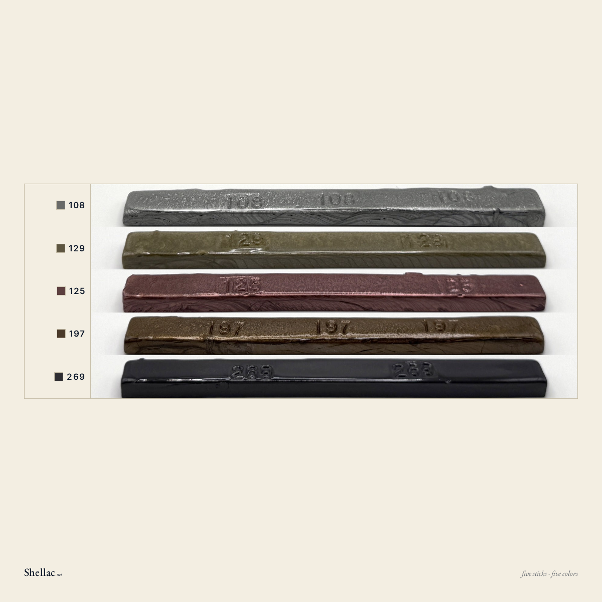 The Metallic Five color chart — five Merit burn-in stick colors, each labeled with its number, silver, taupe, copper, gold and gray