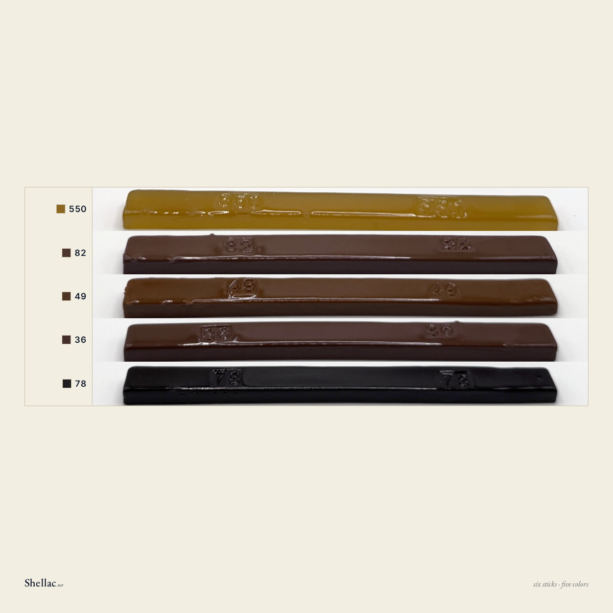 The Oak Six color chart — five Merit burn-in stick colors, each labeled with its number, honey amber through dark English oak