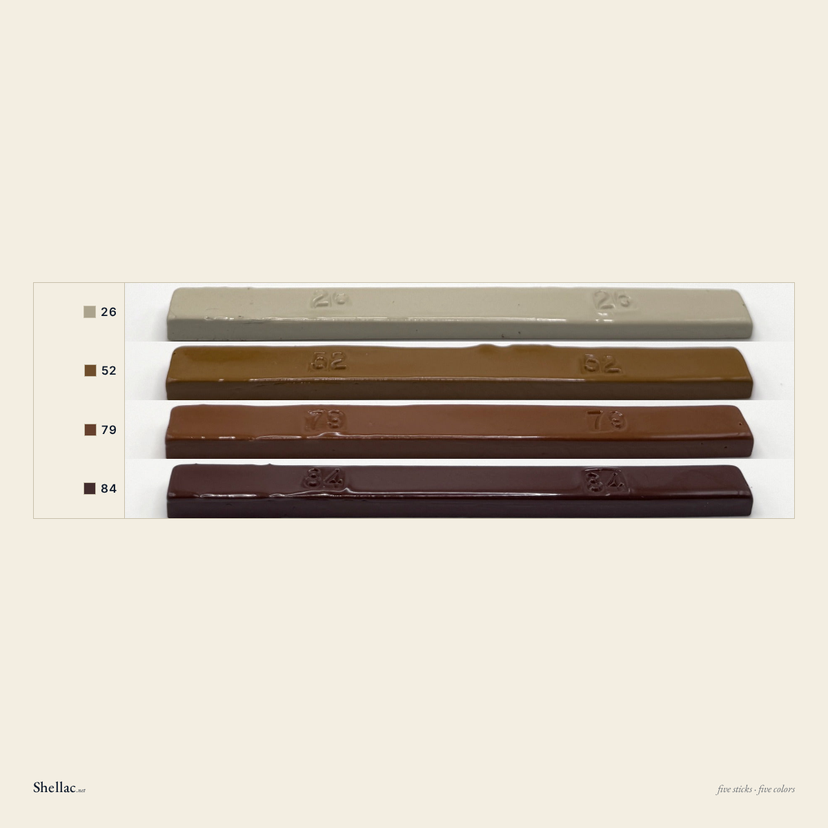 The Provincial Five color chart — five Merit burn-in stick colors, each labeled with its number, cork and maple through walnut and Italian provincial