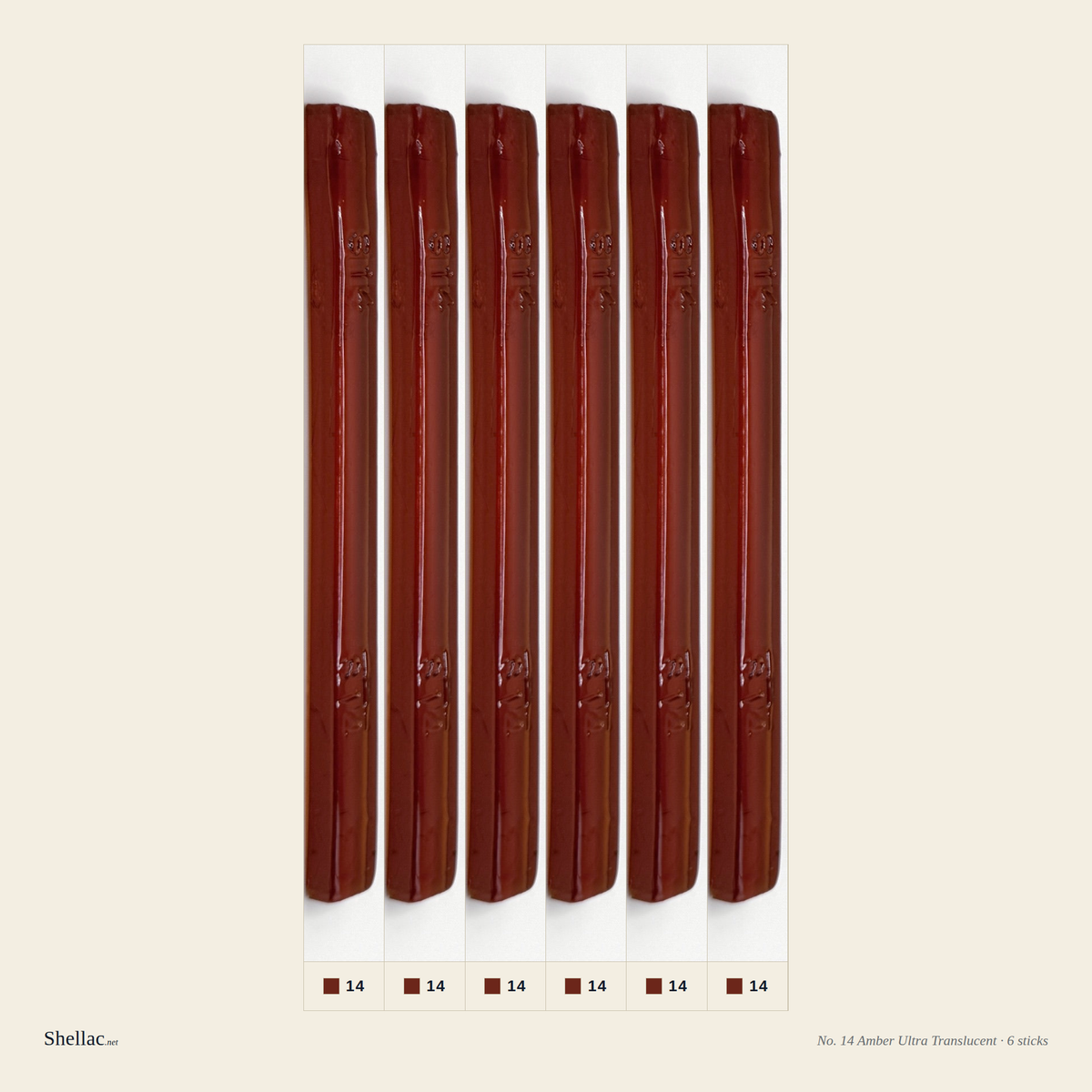 Six Merit No. 14 Amber burn-in sticks side by side — ultra-translucent warm amber, embossed color number visible