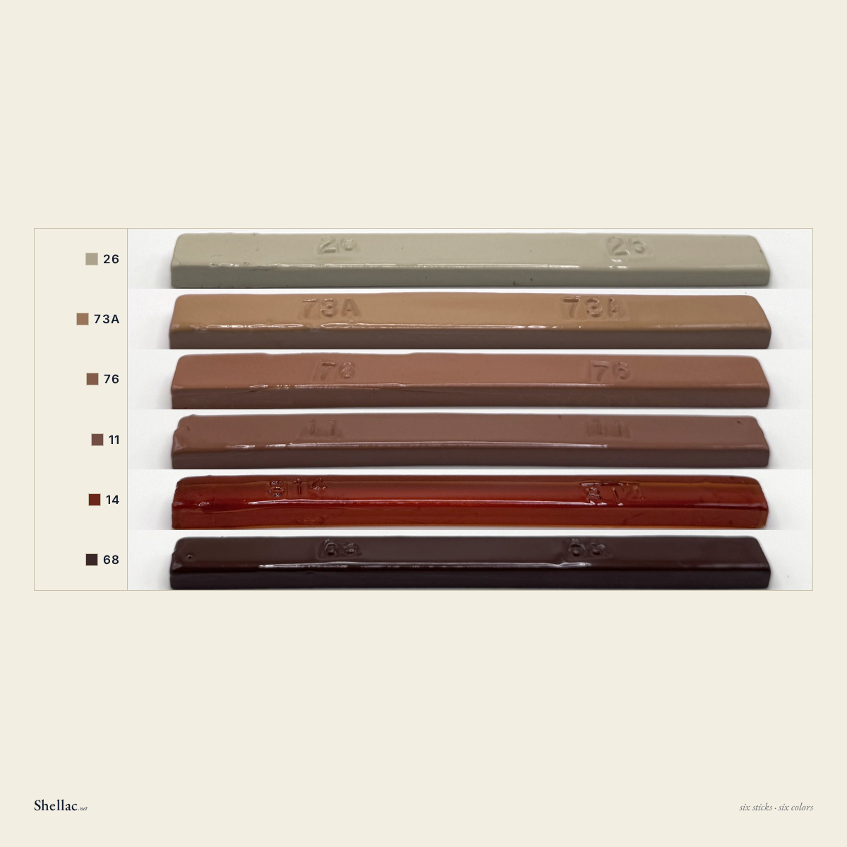 The Country Six color chart — six Merit burn-in stick colors, each labeled with its number, cork and cedar through teak and autumn