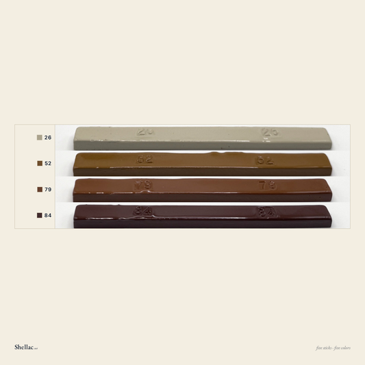 The Provincial Five color chart — five Merit burn-in stick colors, each labeled with its number, cork and maple through walnut and Italian provincial