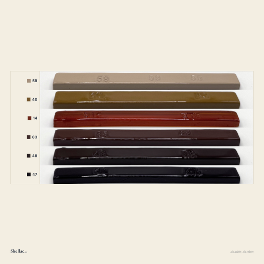 The Walnut Six color chart — six Merit burn-in stick colors, each labeled with its number, light brown through Mediterranean walnut